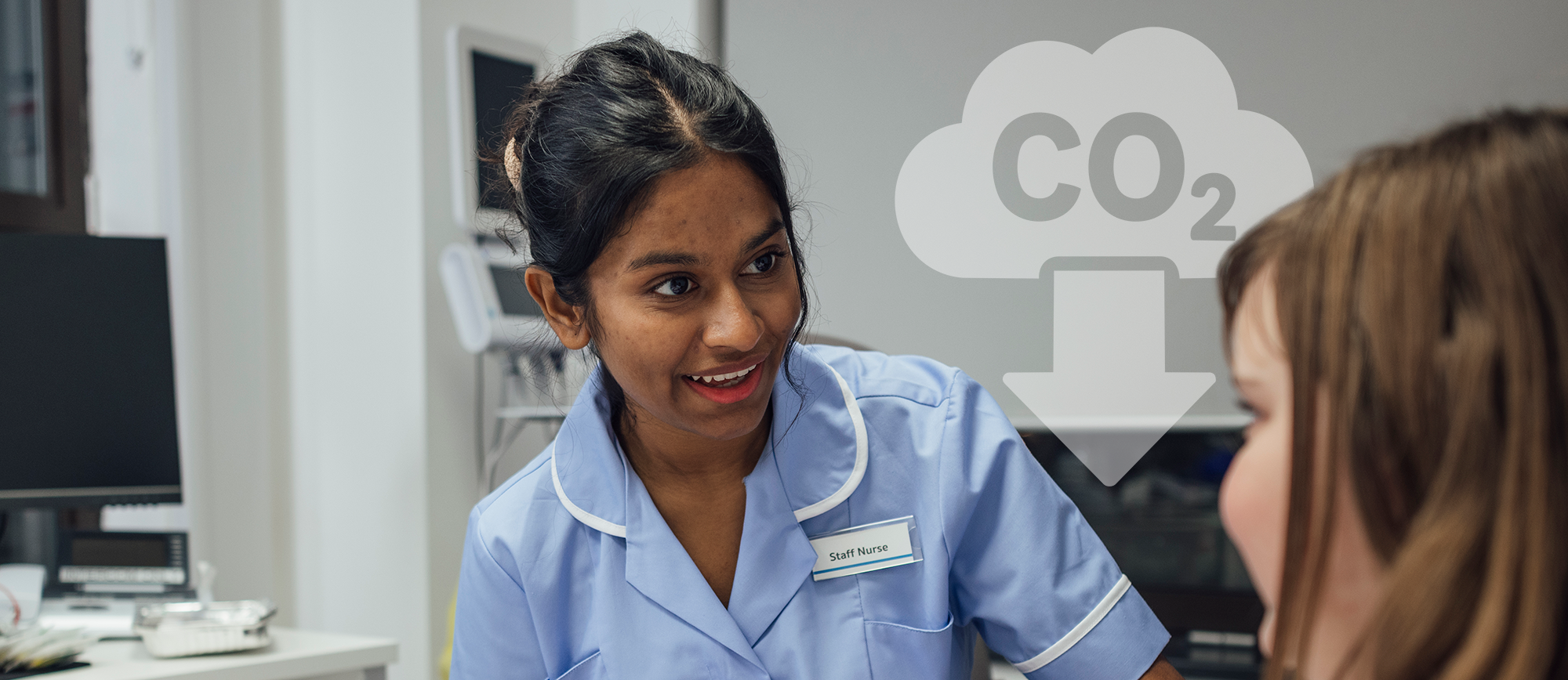 Nurse checking pulse with a CO2 icon in the background